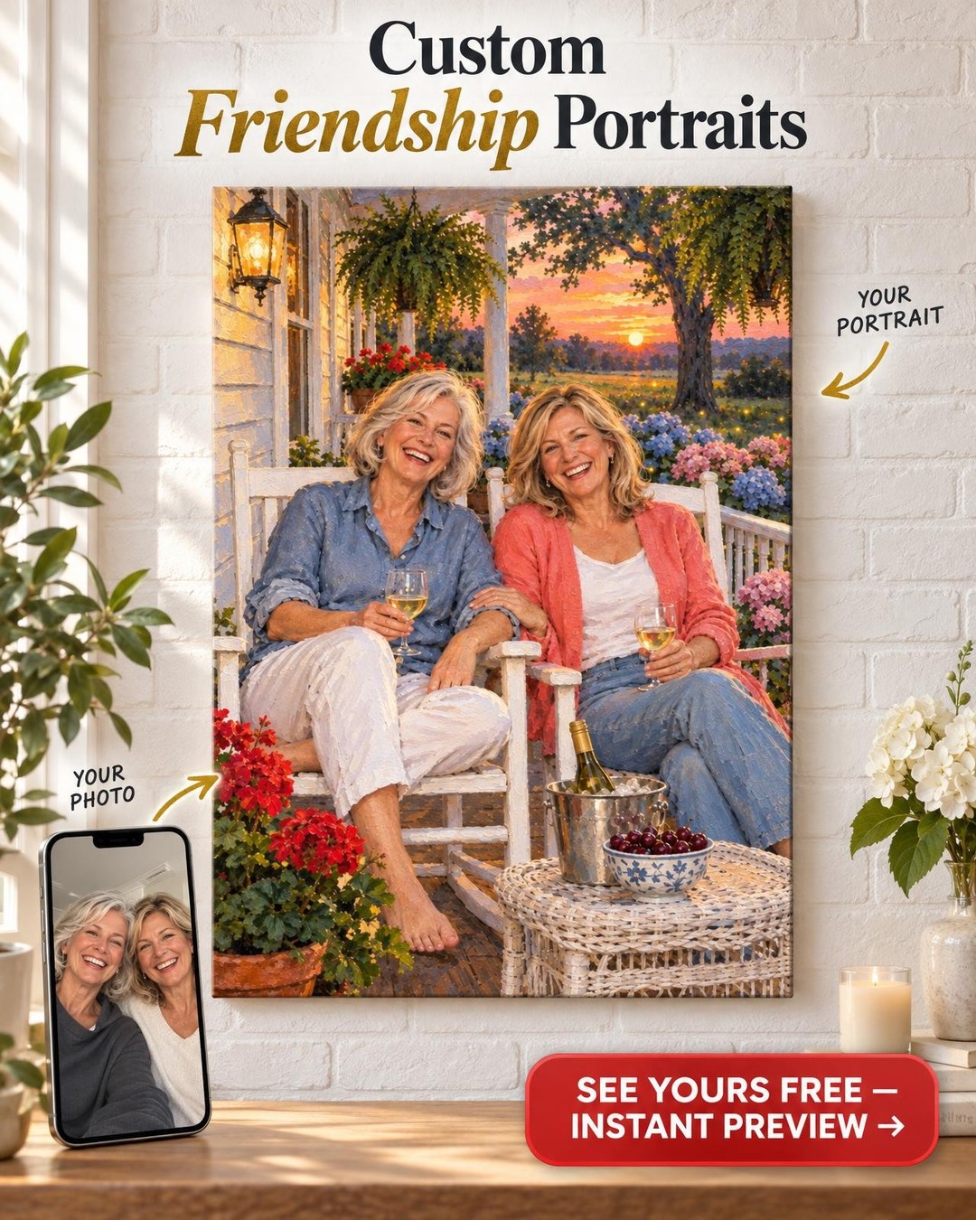 The Porch at Sunset Best Friends Custom Portrait from Photo | Personalized Gift for Best Friend