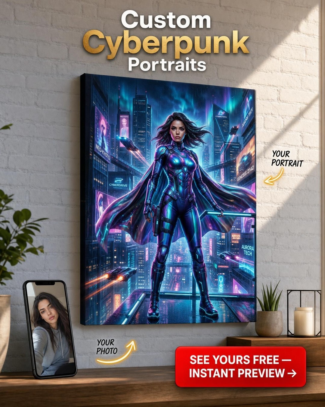 Custom Cyberpunk Woman Portrait — Heroic Neon Canvas from Photo