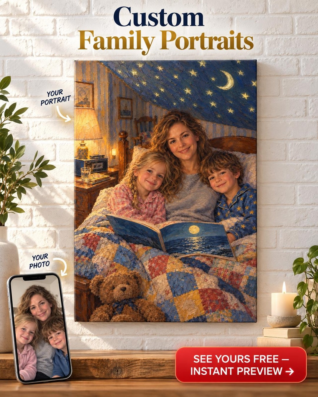Bedtime Story Custom Portrait from Old Photo | Personalized Gift for Mom or Dad