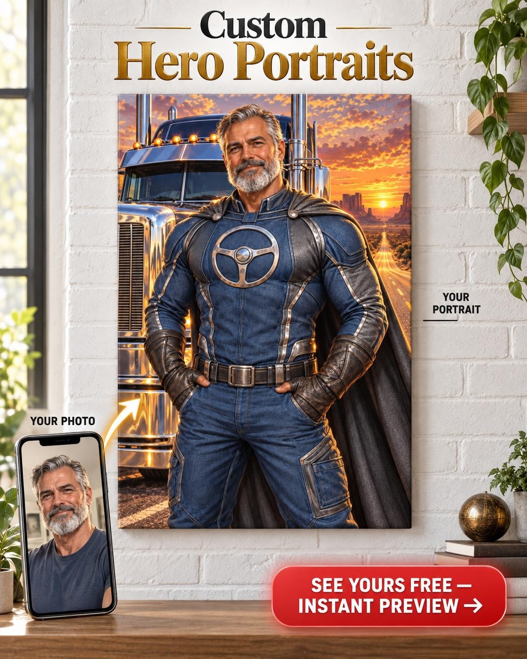 Super Truck Driver Custom Portrait from Photo | Personalized Superhero Portrait Gift