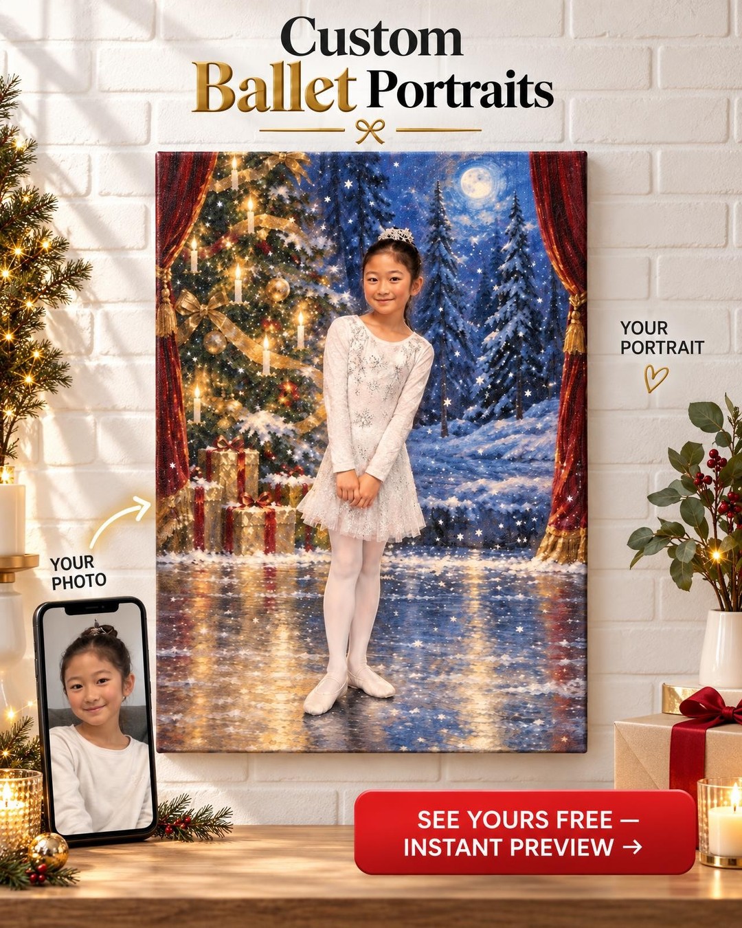 Holiday Snow Ballet Custom Portrait from Photo | Personalized Dance Recital Gift