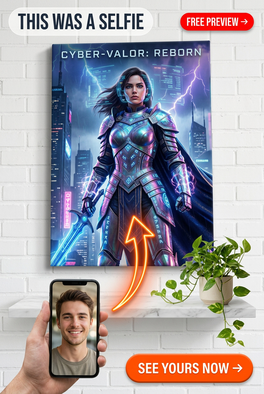 Custom Cyberpunk Single-Man Portrait — Heroic Sword & Lightning Canvas