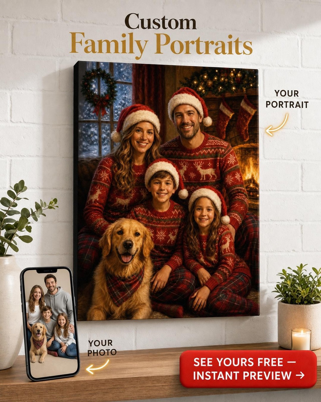 Custom Christmas Family Portrait — Whimsical Fireplace Canvas