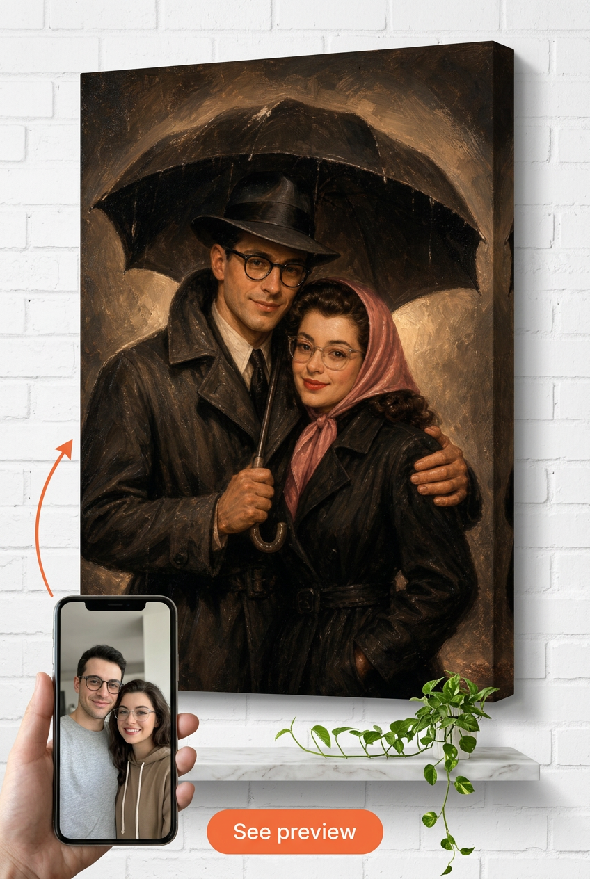 Custom 1940s Hollywood Rainy Noir Couple Portrait from Photo | Personalized Undefined Gift