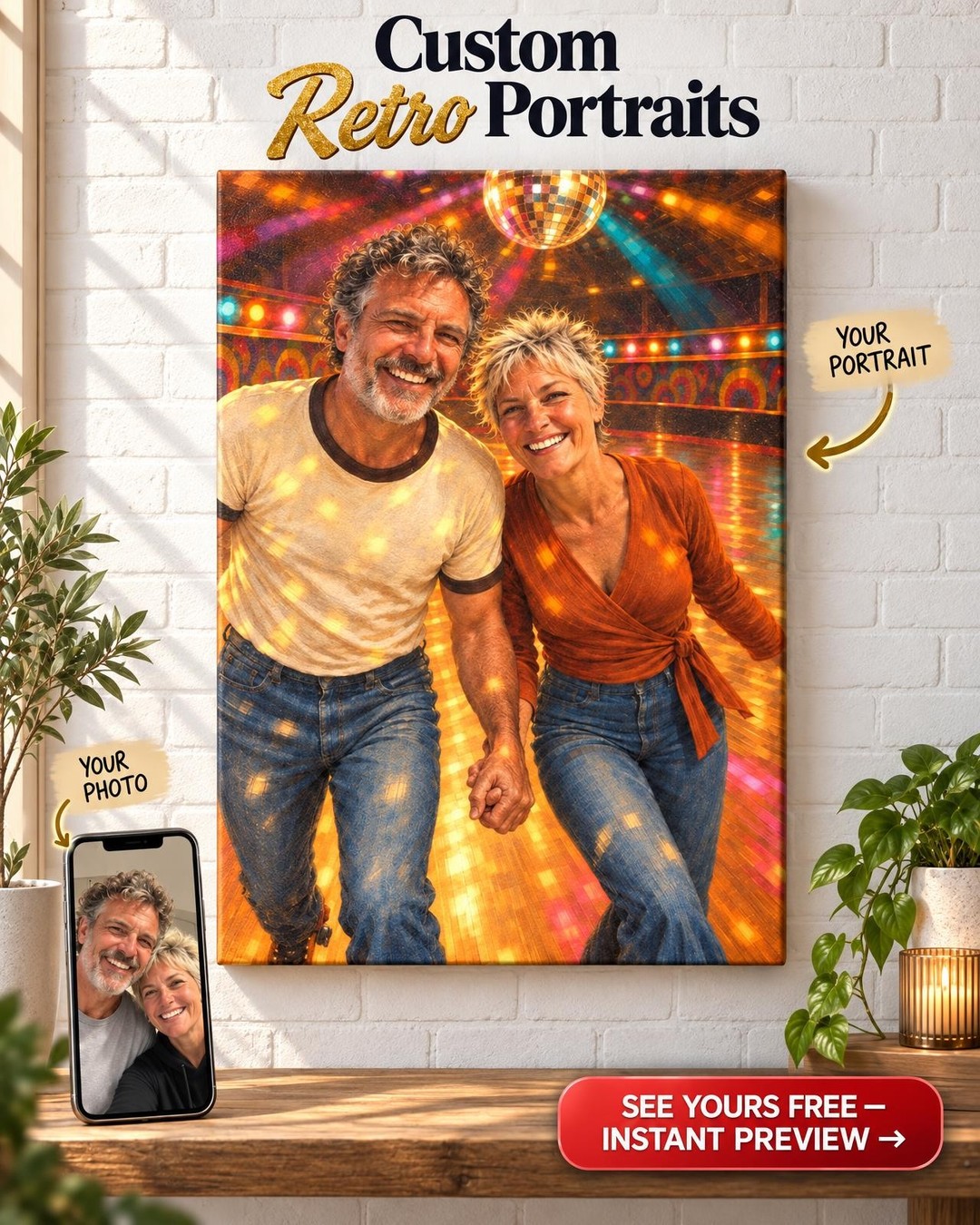1970s Roller Rink Couple Custom Portrait from Photo | Personalized Retro Romance Gift