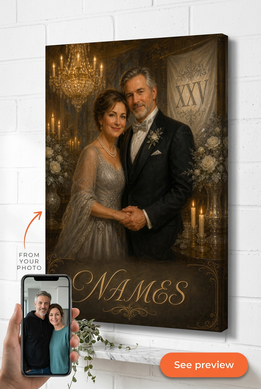 Custom Anniversary Couple Portrait — Romantic Chandelier Canvas from Photo