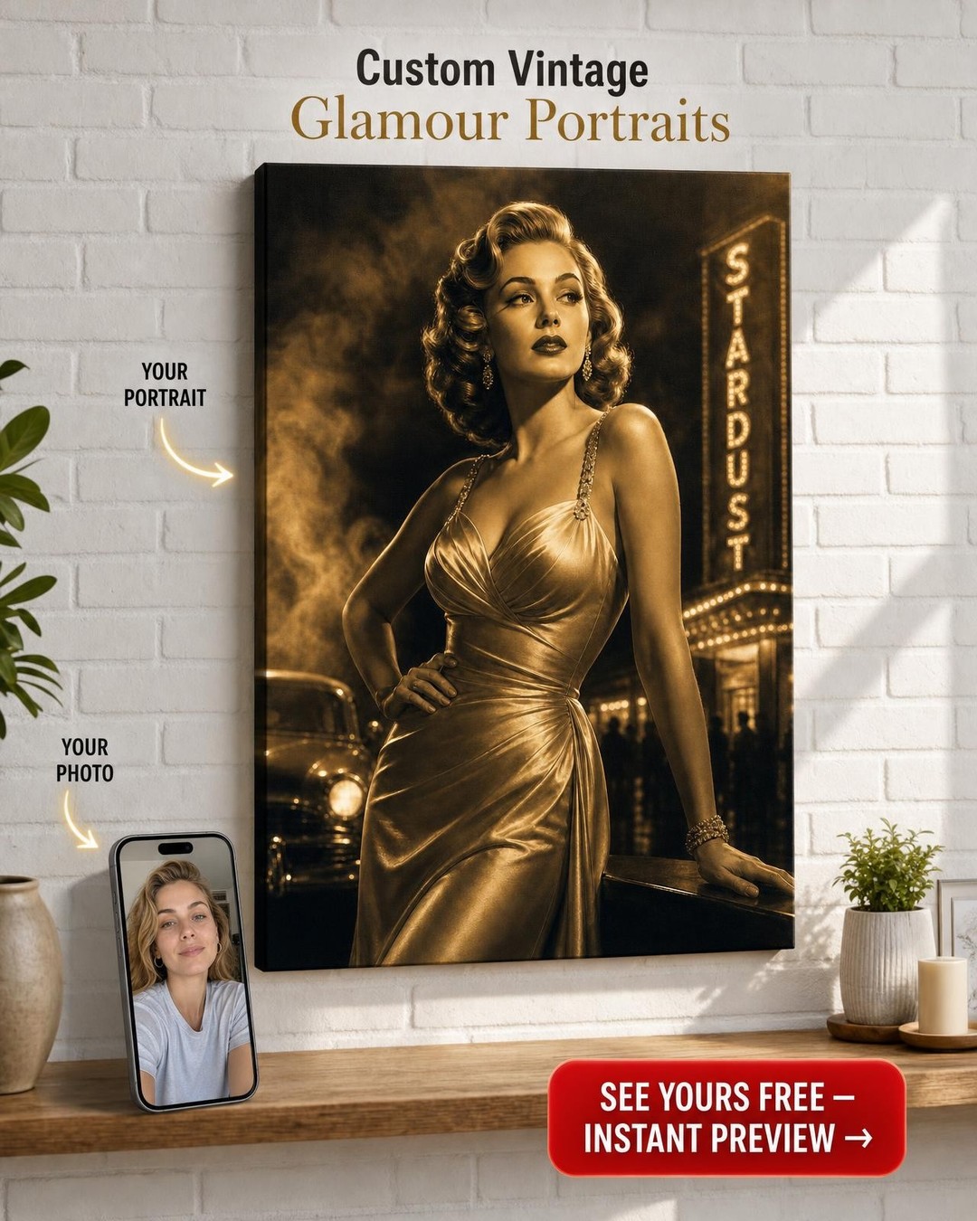 Vintage Hollywood Starlet Custom Portrait from Photo | Personalized For Her Gift