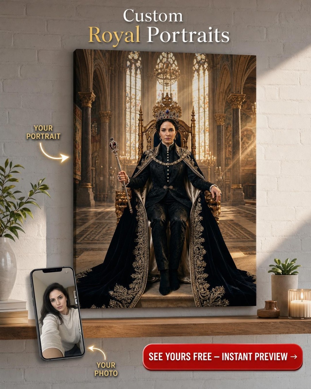 Custom Royal Woman Portrait — Regal Canvas from Photo