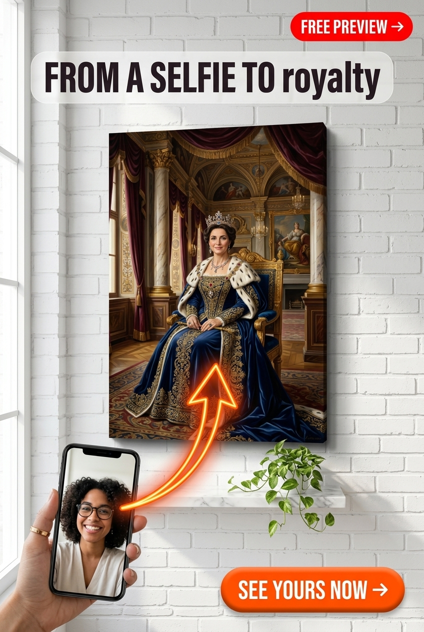 Custom Royal Woman Portrait — Regal Crown & Throne Canvas