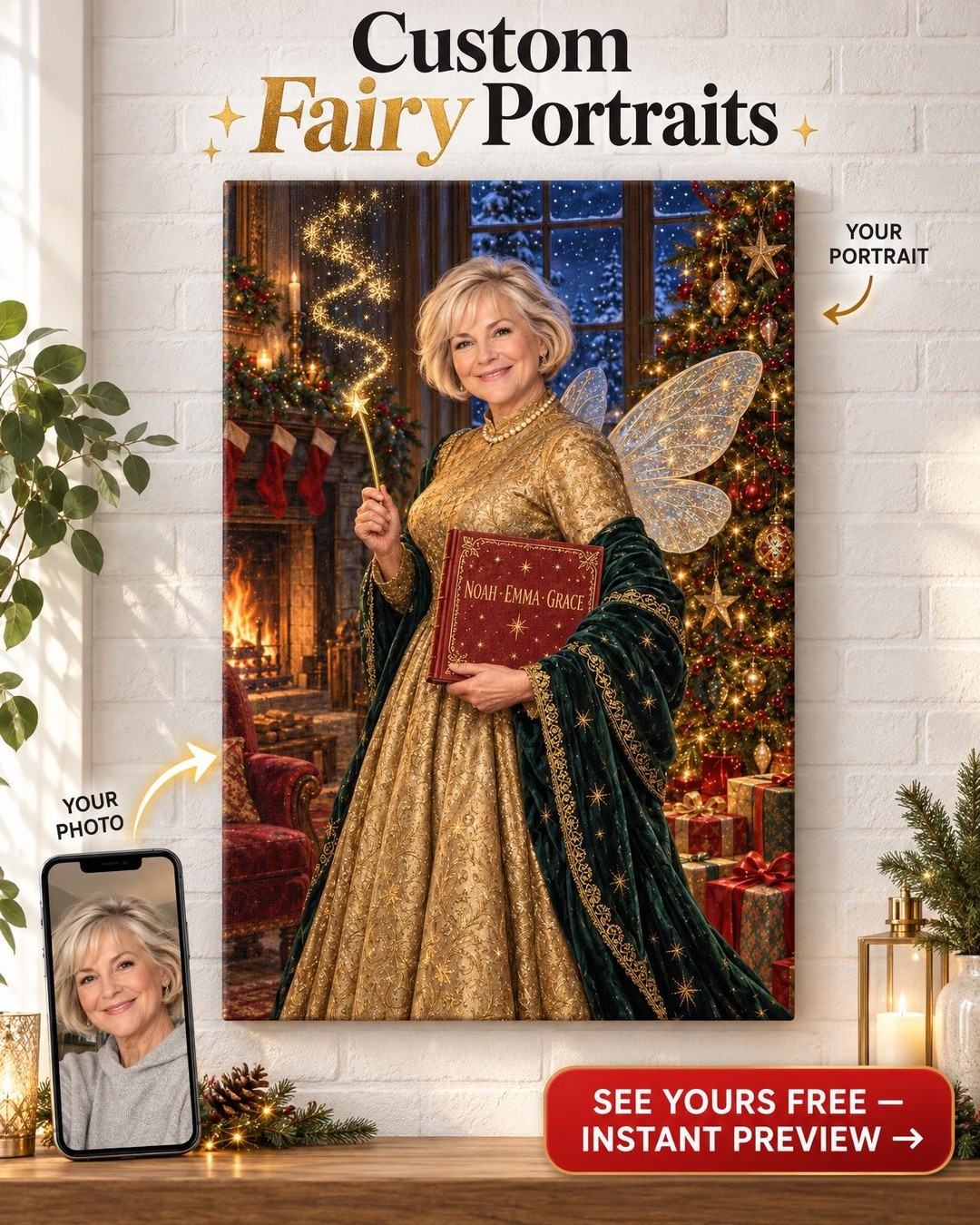 Christmas Fairy Godmother Custom Portrait from Photo | Personalized Fairy Godmother Gift