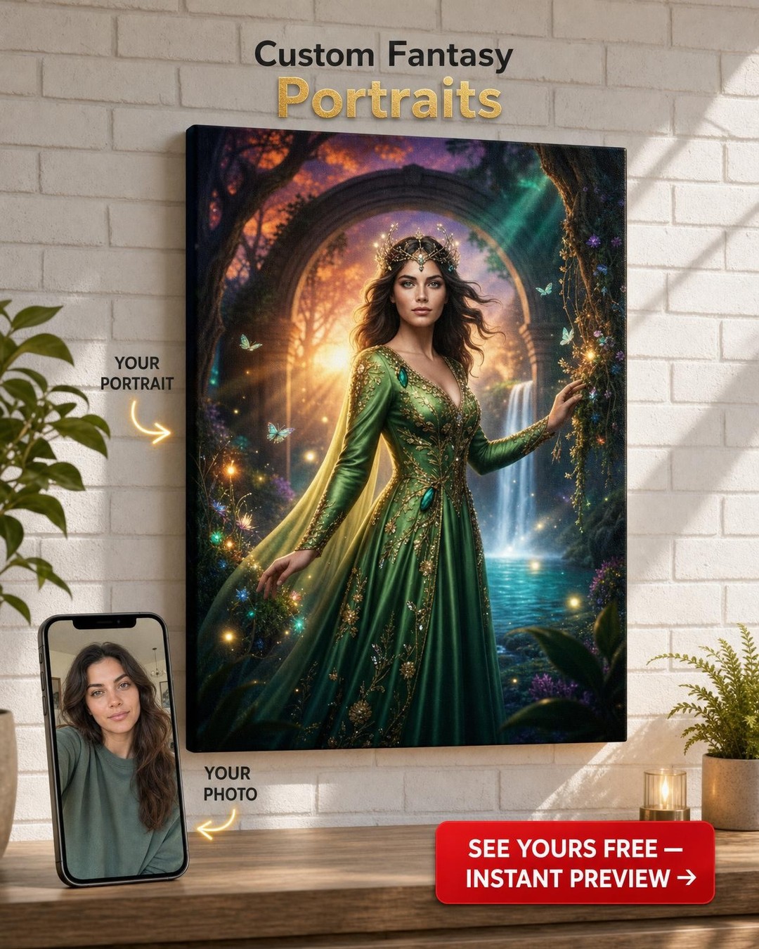 Custom Fantasy Woman Portrait — Whimsical Forest Magic Canvas