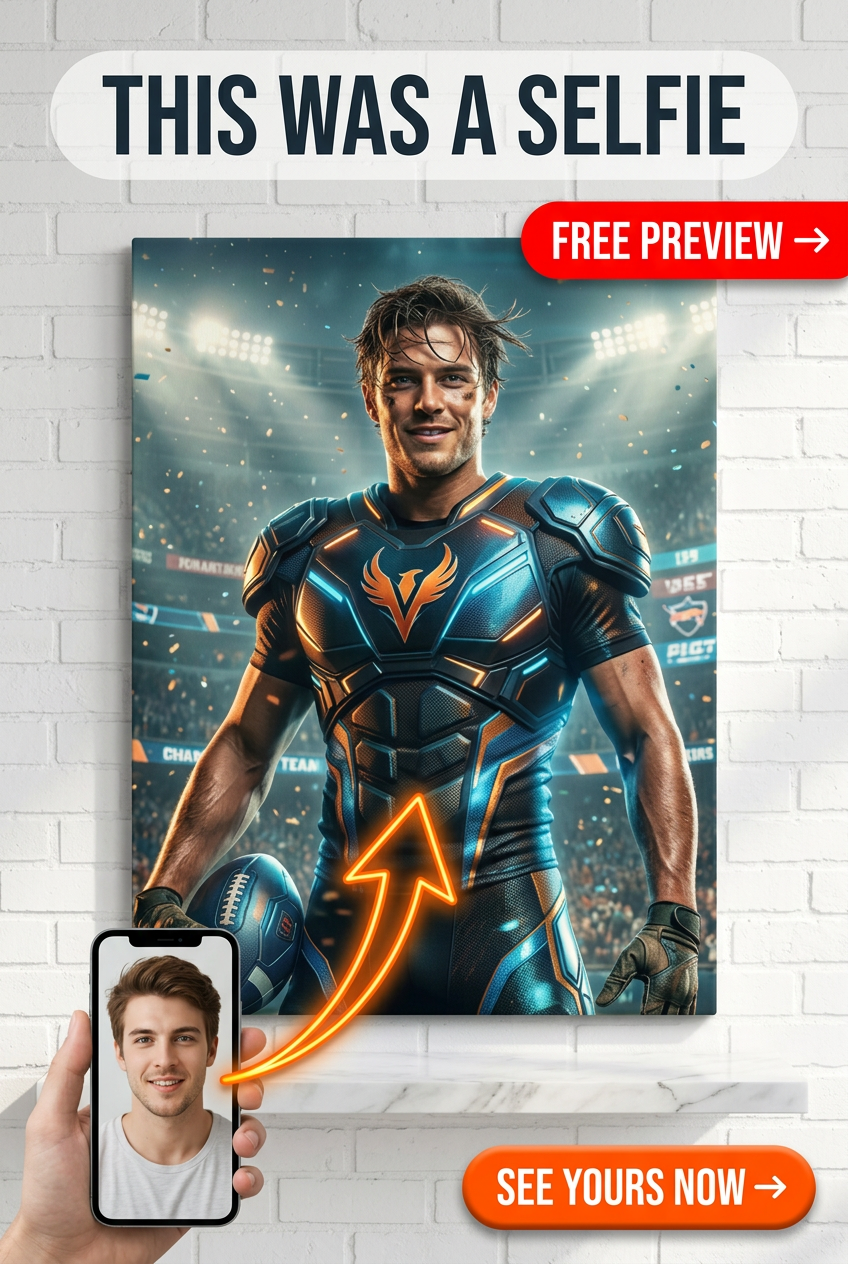 Custom Football Man Portrait — Heroic Stadium Hero Canvas