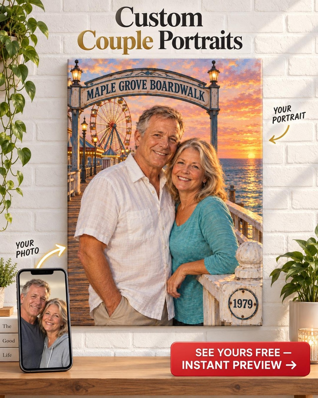 Boardwalk Ferris Wheel Couple Custom Portrait from Photo | Personalized County Fair Gift
