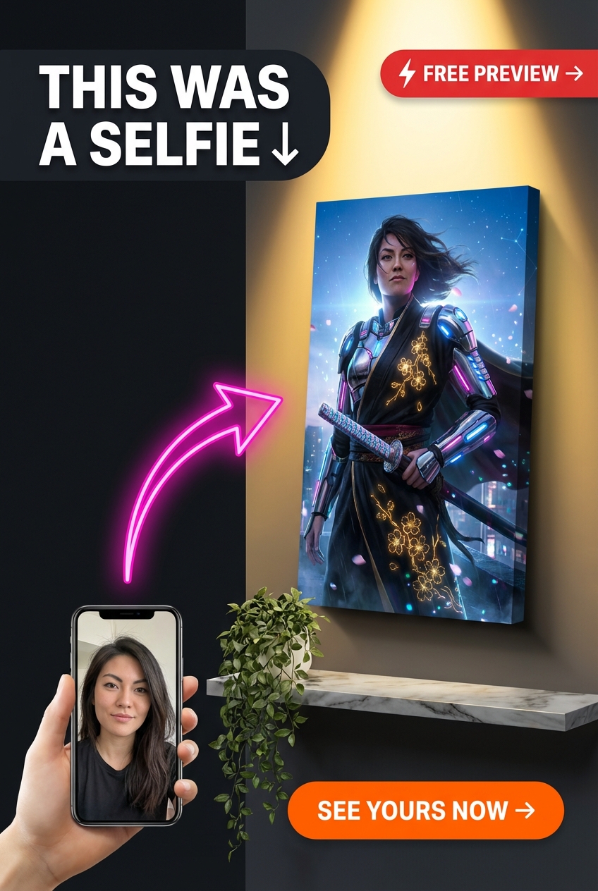 Custom Cyberpunk Woman Portrait Canvas — Heroic Warrior Art from Photo