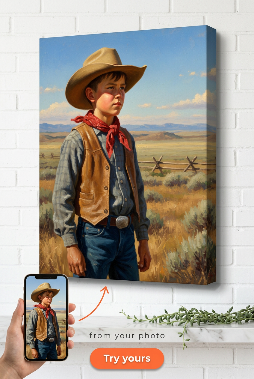 Custom Cowboy Portrait for Boys — Nostalgic Western Canvas from Photo