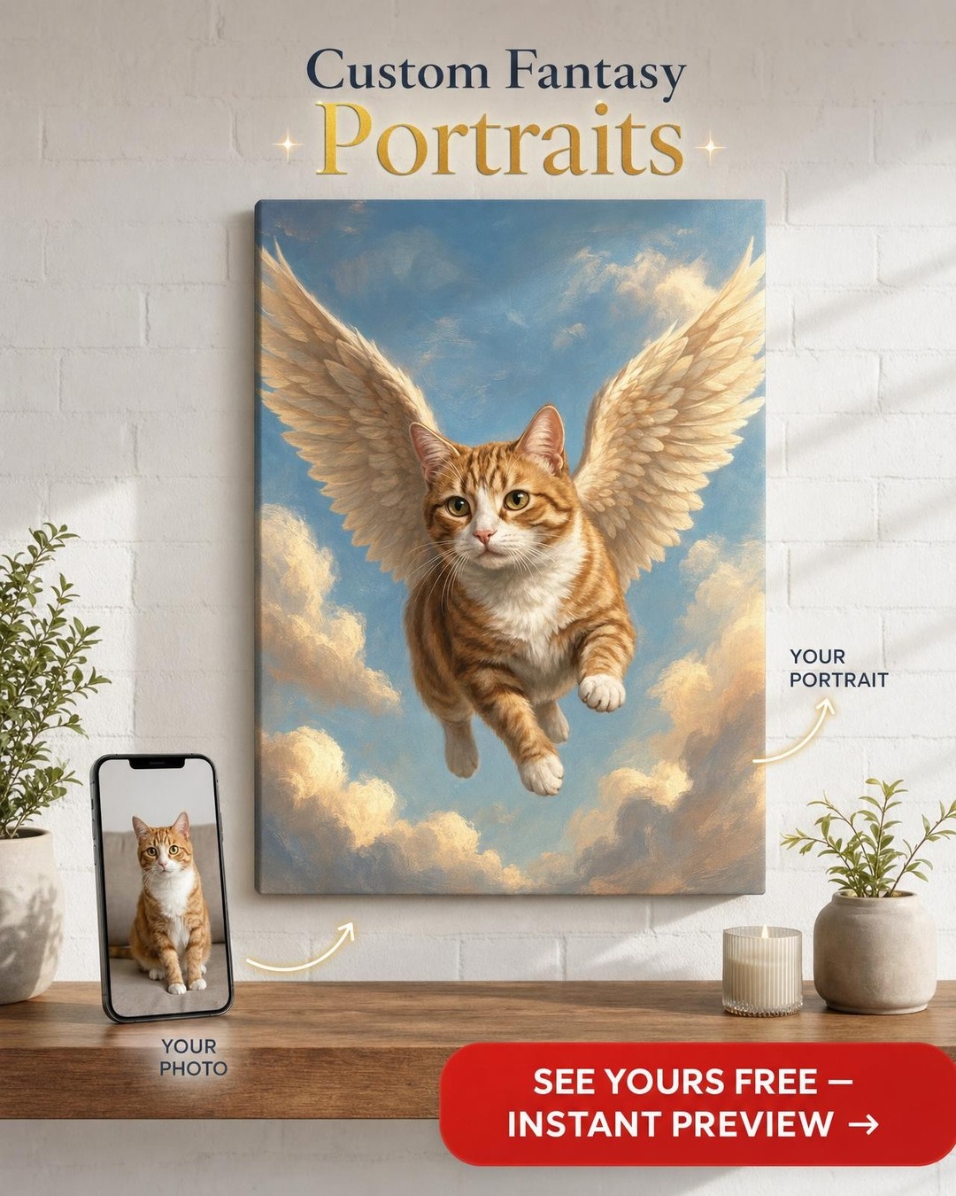 Custom Fantasy Cat Portrait — Whimsical Wings Canvas from Photo