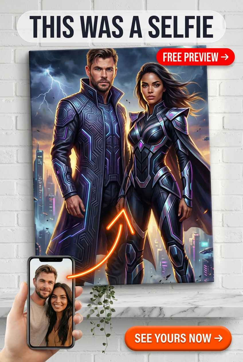 Retrato em Tela do Casal Power Duo Épico com Fantasias