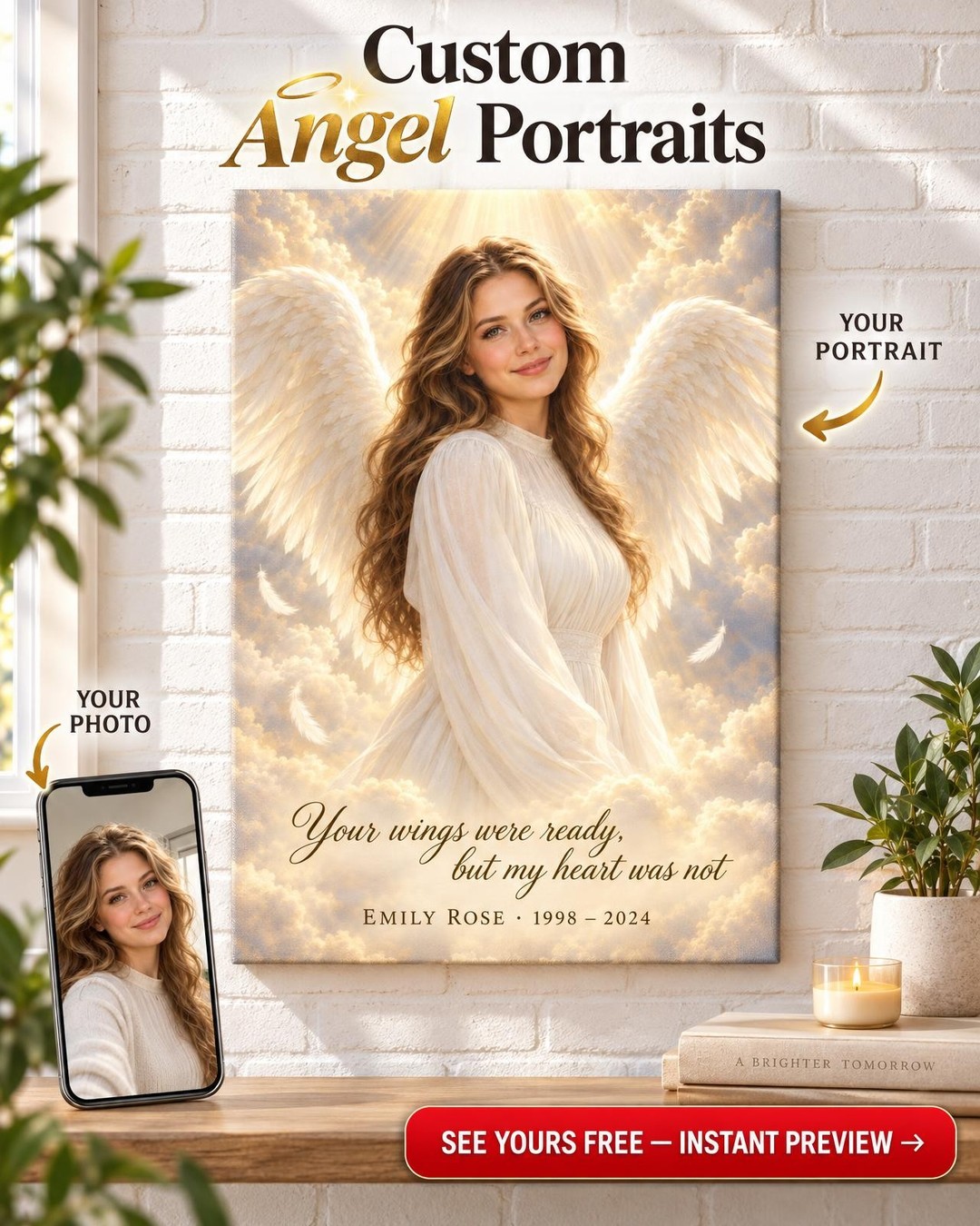 Your Wings Were Ready Angel Daughter Memorial Portrait Custom Canvas | Personalized Daughter Memorial Gift