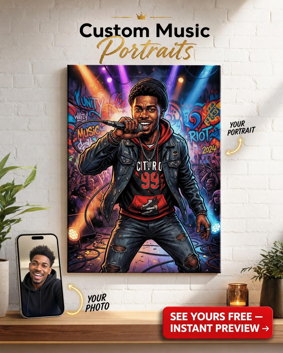 Custom Musician Man Portrait — Festive Stage Lights Canvas