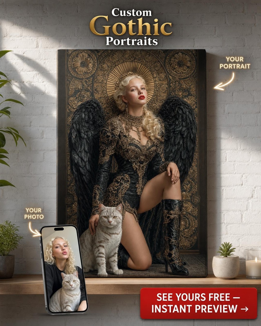 Custom Baroque Angel Wings Portrait | Regal Canvas