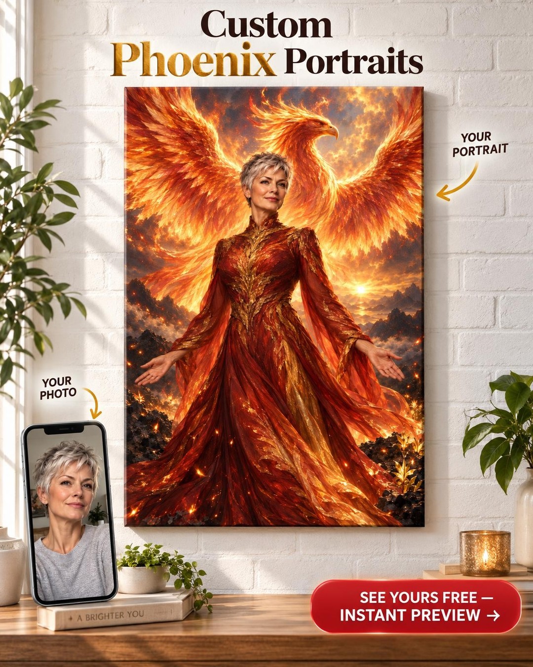 Phoenix Rising Cancer Warrior Custom Portrait from Photo | Personalized Canvas Gift
