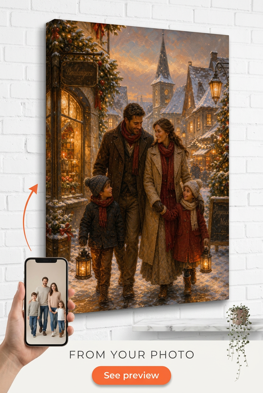 Custom Christmas Family Portrait — Festive Village Scene from Photo
