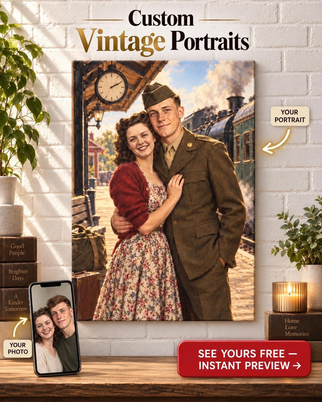 Sweethearts, 1944 Custom Wartime Couple Portrait from Old Photo | Family History Gift