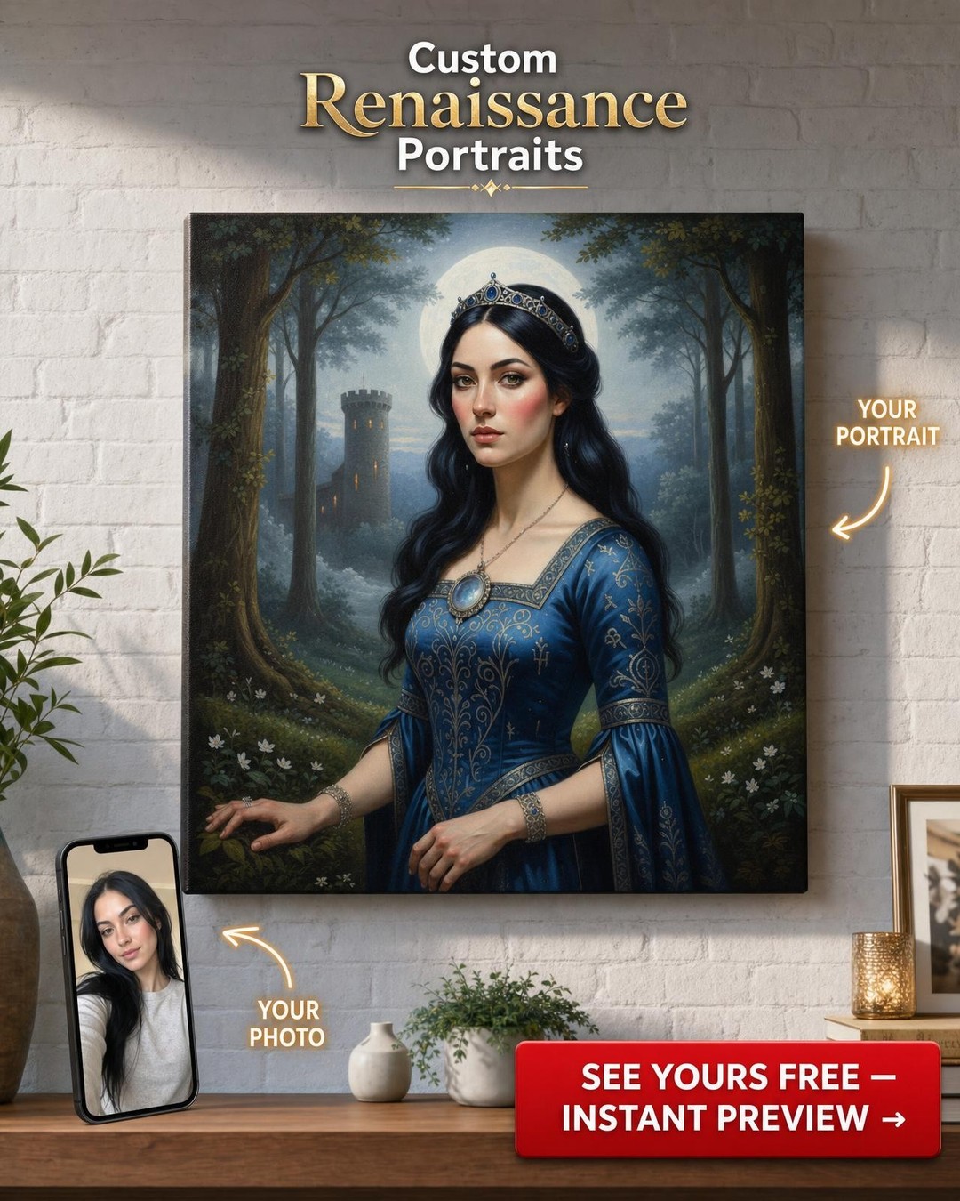 Custom Fantasy Woman Portrait — Regal Castle Canvas from Photo