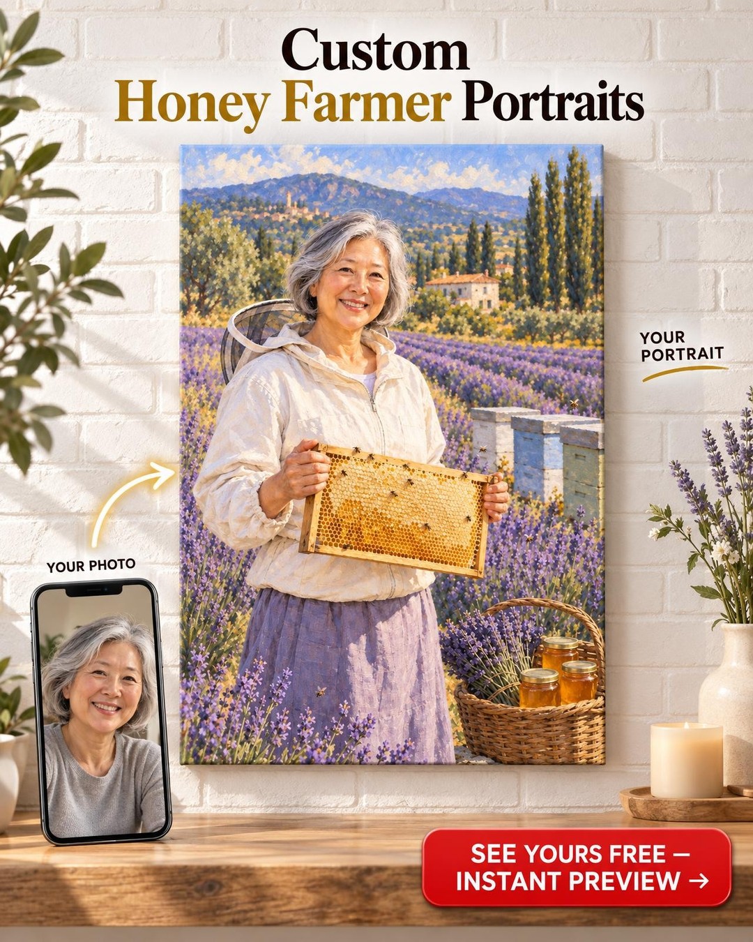 The Lavender Keeper Custom Portrait from Photo | Personalized Beekeeping Gift