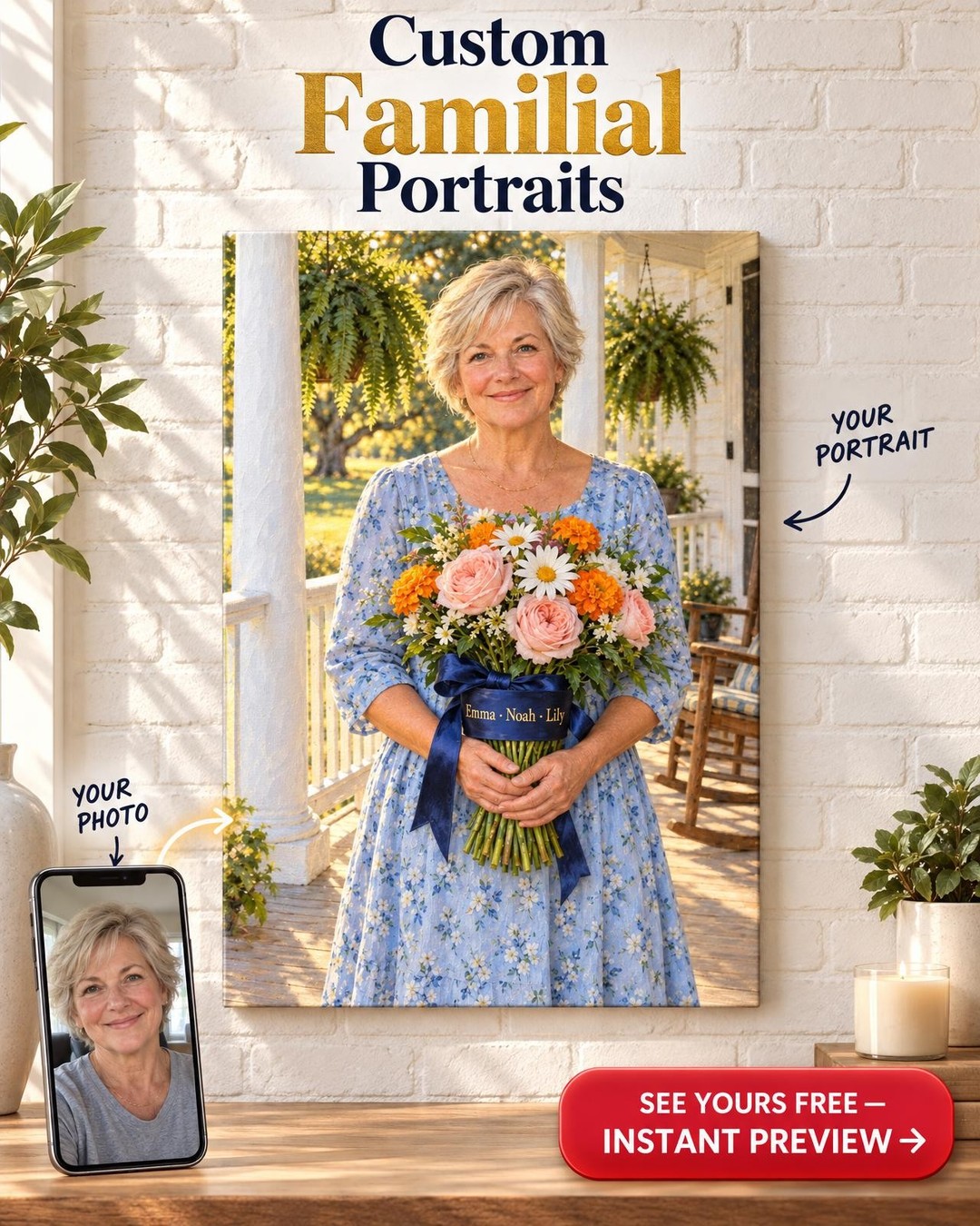 Front Porch Birth Flower Custom Portrait from Photo | Personalized Gift for Mom