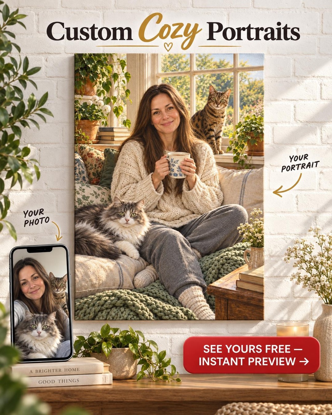 Cozy Cat Mom Custom Portrait from Photo | Personalized Cat Family Portrait Gift