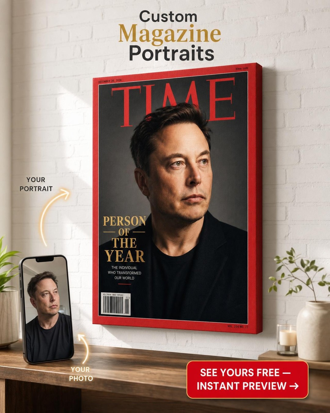 Custom TimeCover Single Man Portrait — Heroic Magazine Canvas