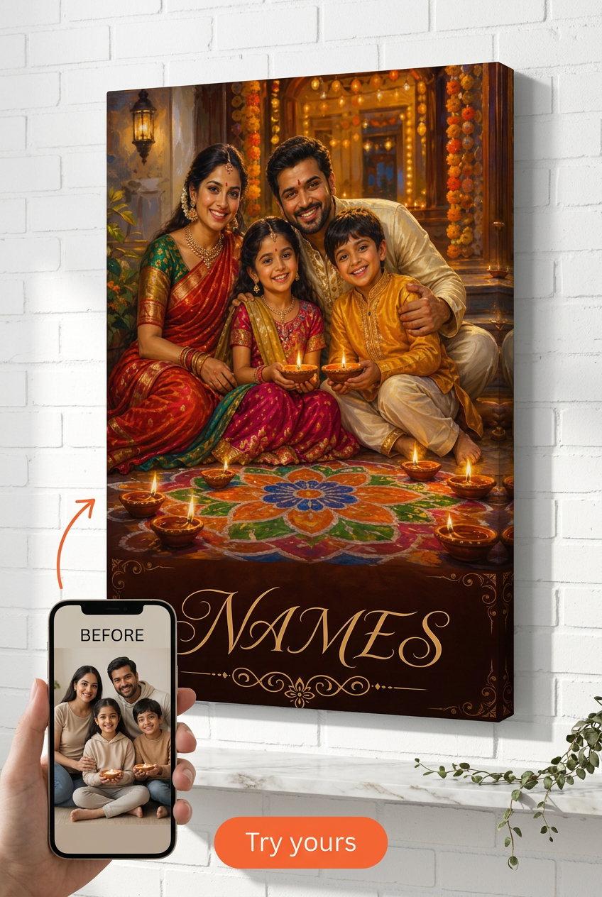 Custom Cultural Family Portrait — Festive Diwali from Photo