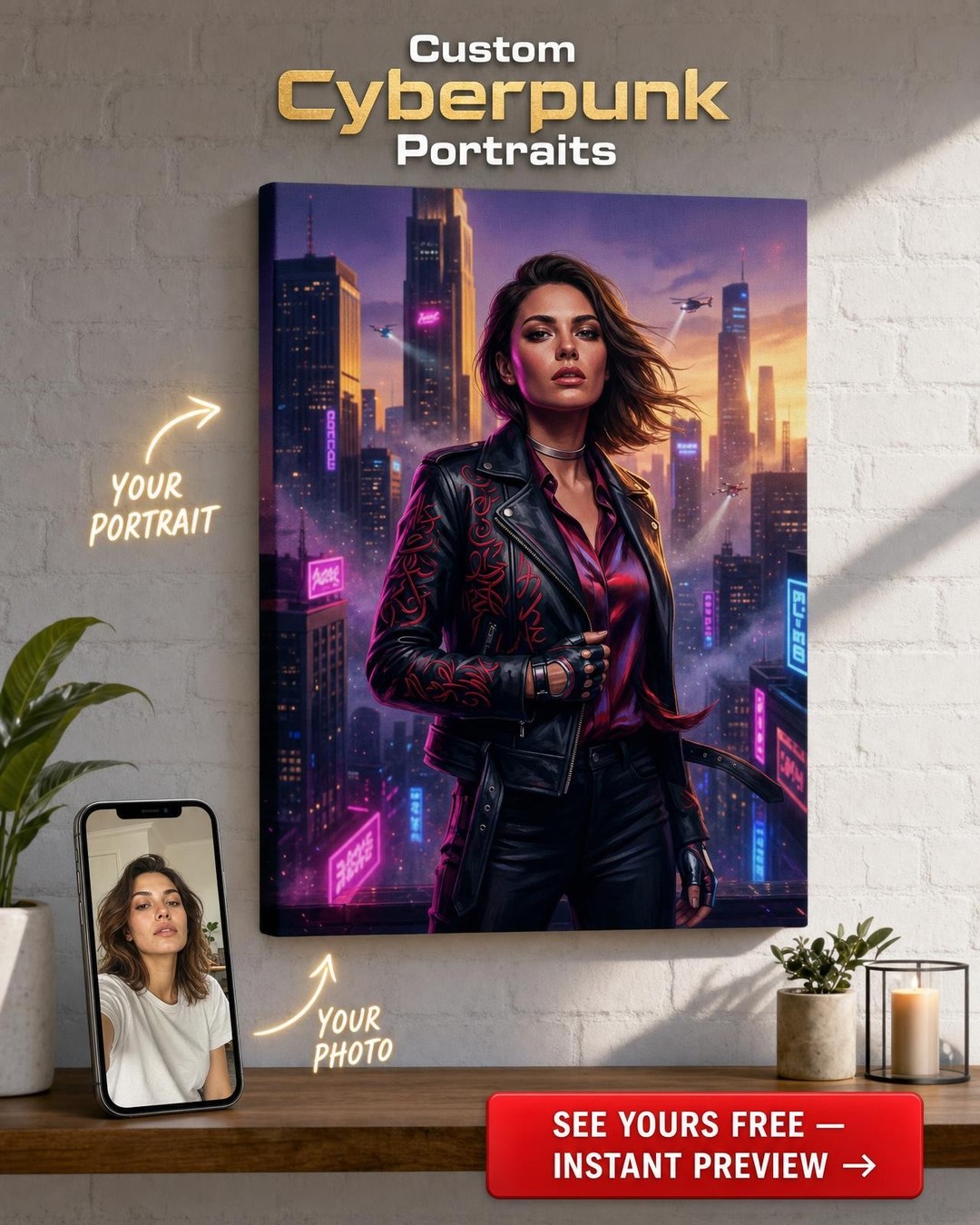 Custom Cyberpunk Woman Portrait — Heroic Neon City Canvas from Photo