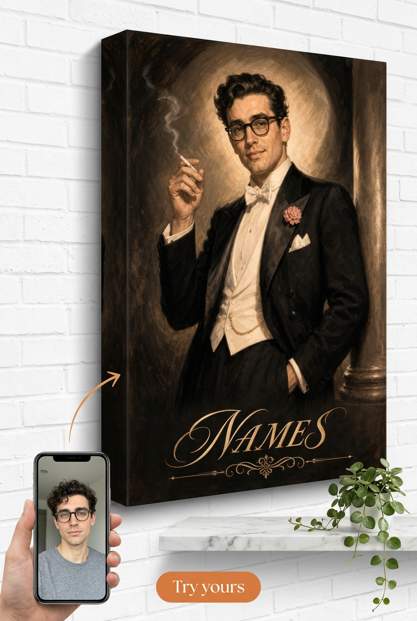 Custom 1940s Hollywood Tuxedo Star Portrait from Photo | Personalized Canvas Gift