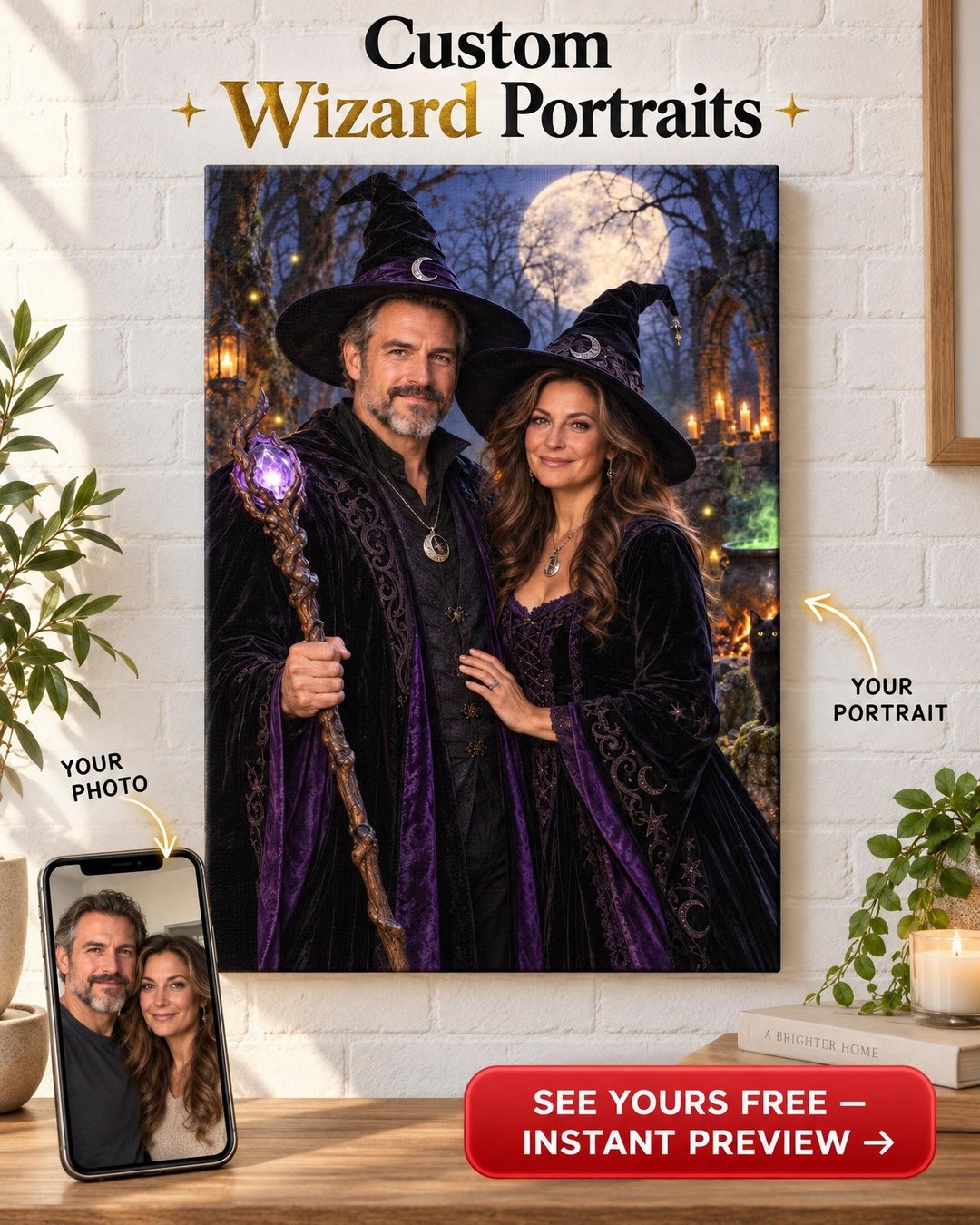 Moonlit Forest Witch Custom Portrait from Photo | Personalized Canvas Gift for Couples