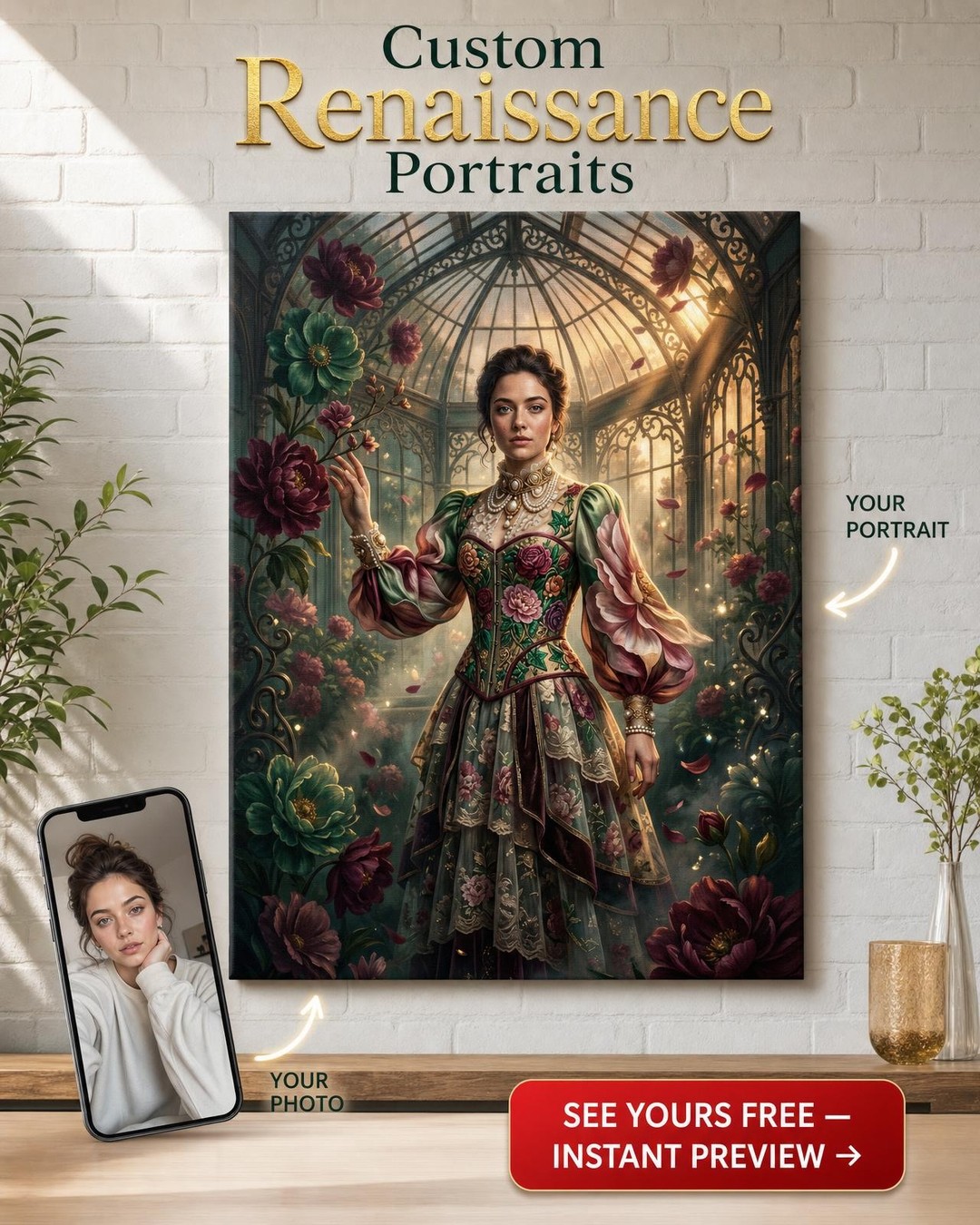 Portrait Royal Floraison Victorienne – Toile Élégante Personne