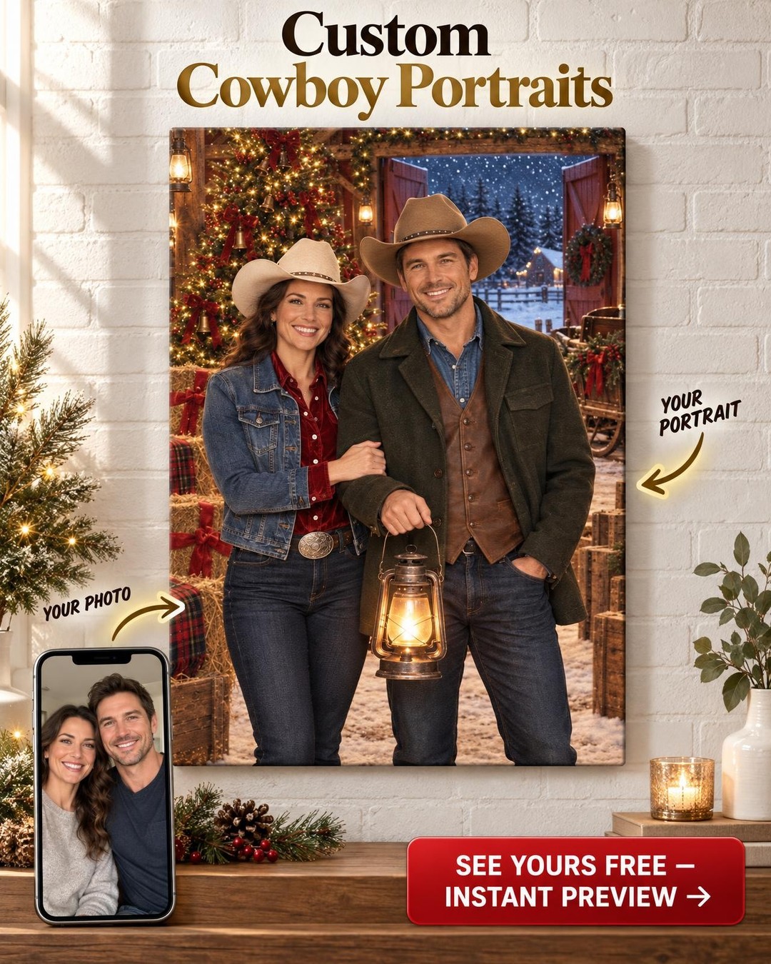 Custom Western Christmas Couple Portrait — Christmas Tree in the Red Barn, Canvas from Photo