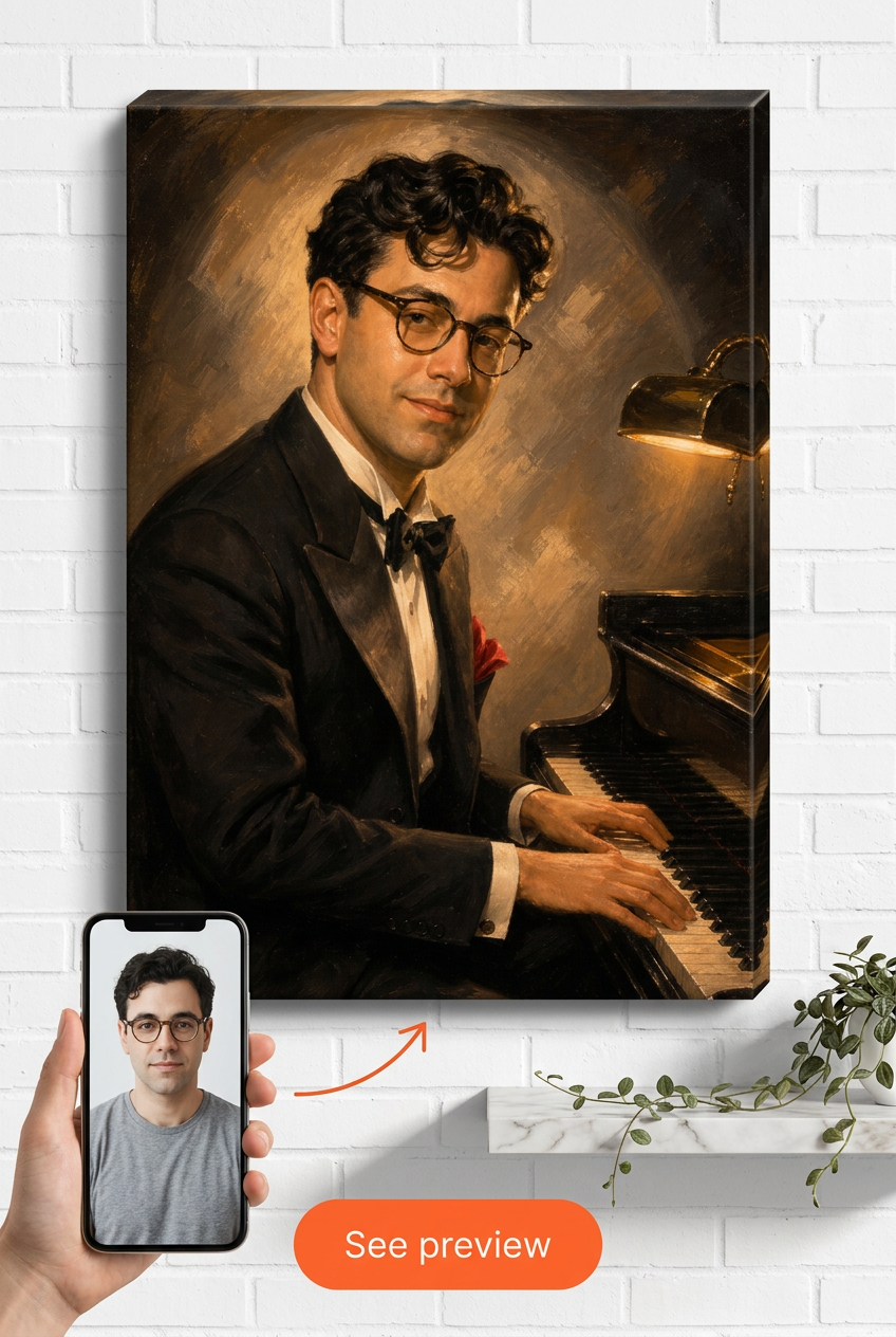 Custom 1940s Hollywood Piano Leading Man Portrait from Photo | Personalized Undefined Gift