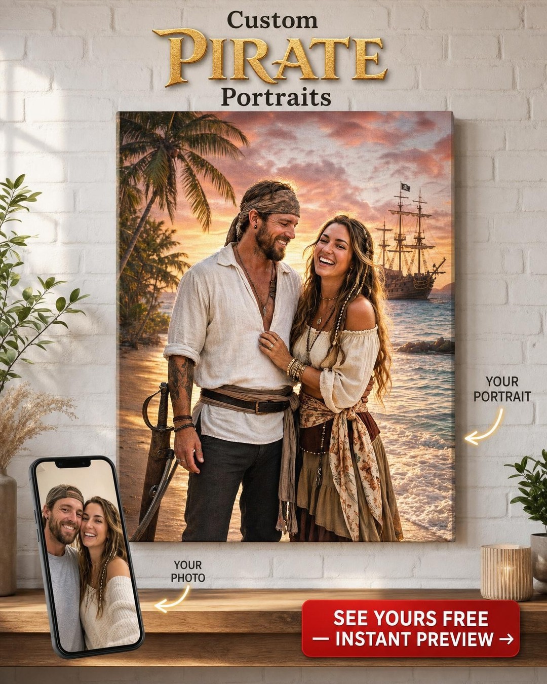Custom Pirate Couple Portrait — Romantic Beach Sunset