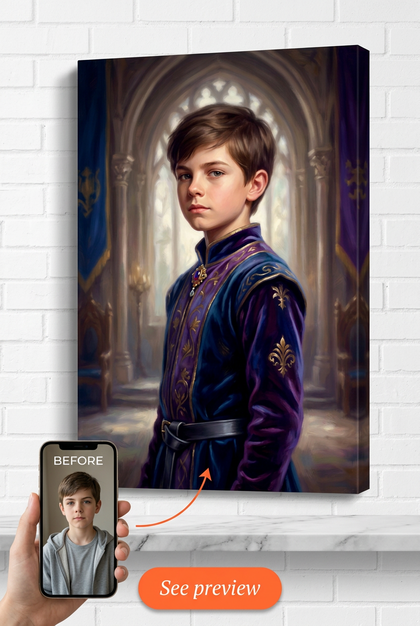 Custom Royal Boy Portrait — Regal Crown & Throne Canvas