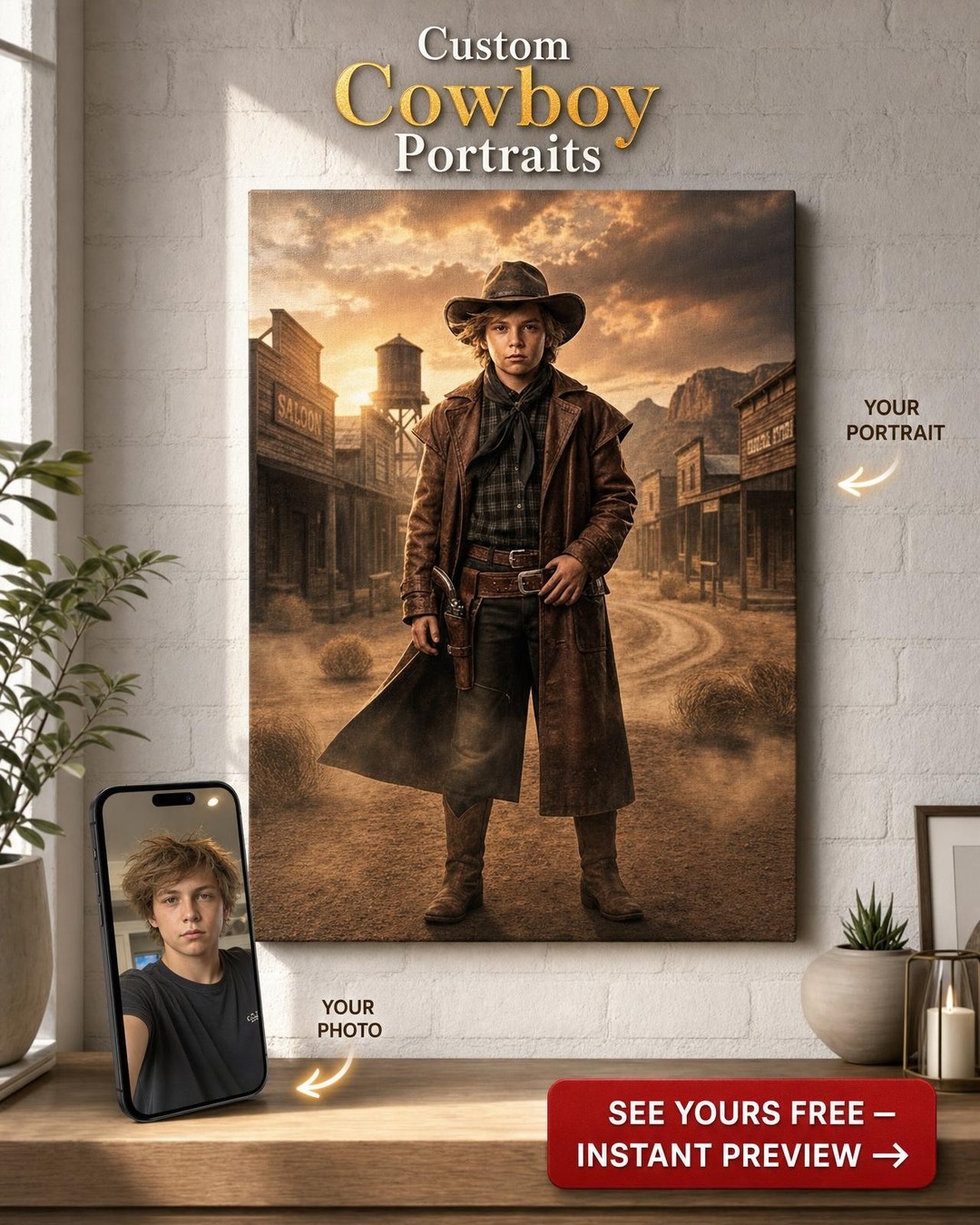 Custom Cowboy Boy Portrait — Heroic Desert Legend Canvas