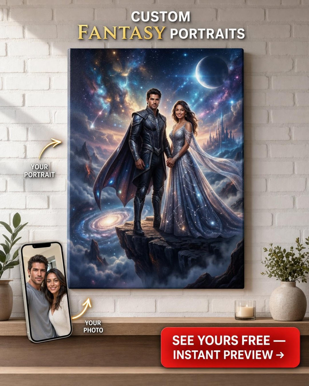 Custom Fantasy Couple Portrait — Romantic Space Canvas from Photo