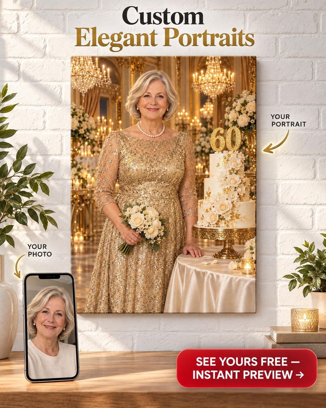 Gold Ballroom Birthday Cake Custom Portrait from Photo | Milestone Birthday Gift