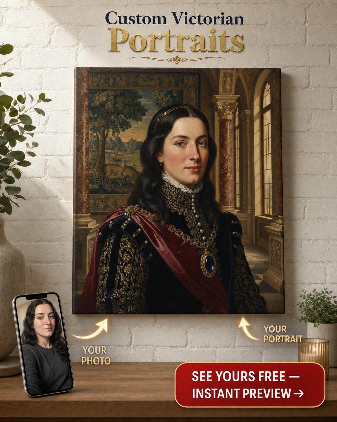 Custom Royal Woman Portrait — Regal Crown Canvas from Photo