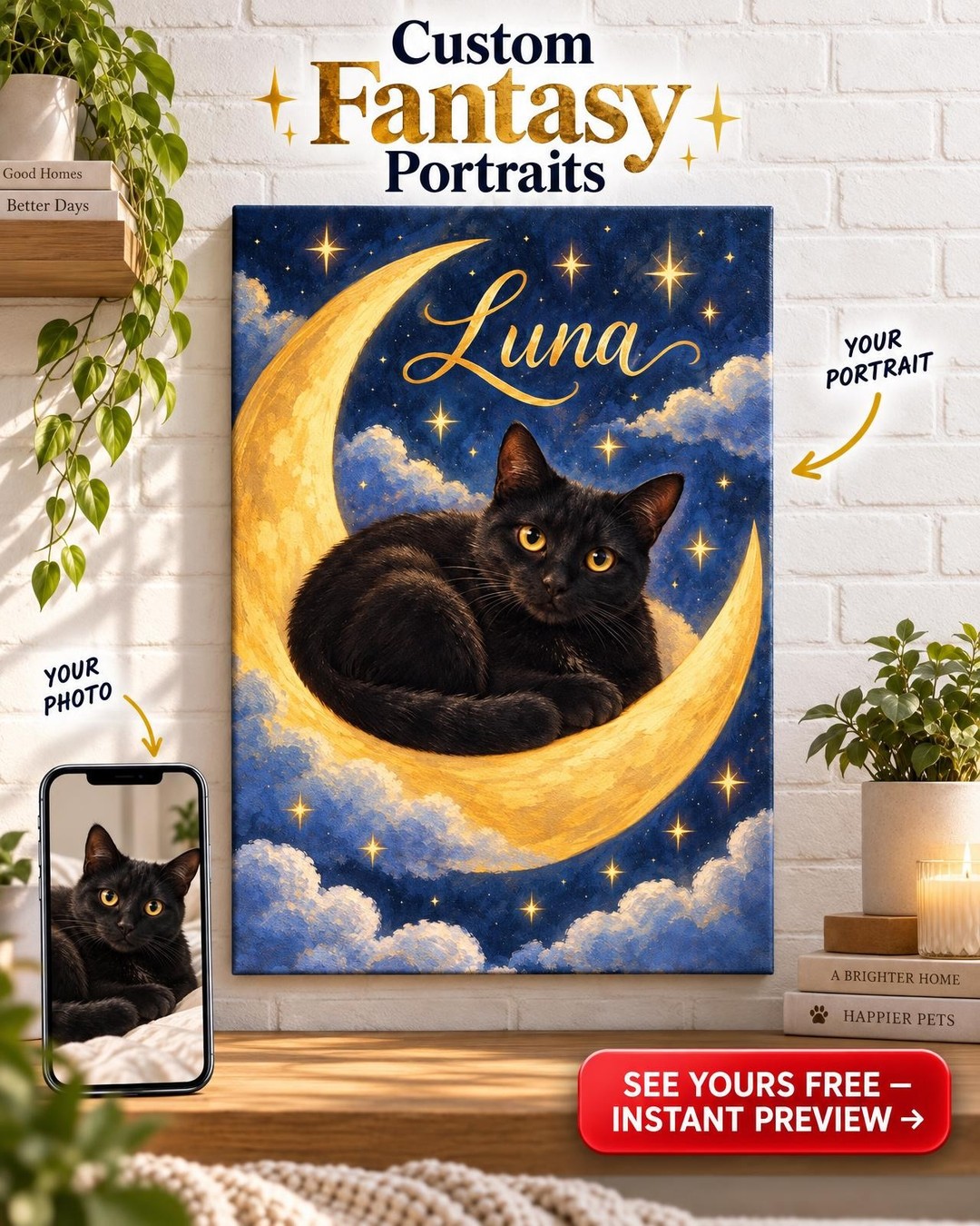 Cat on the Moon Custom Portrait from Photo | Personalized Cat Memorial Gift