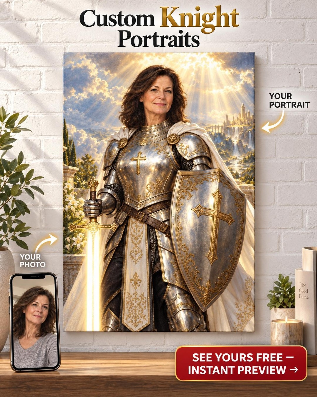 Armor of God Woman Warrior Custom Portrait from Photo | Personalized Cancer Warrior Gift