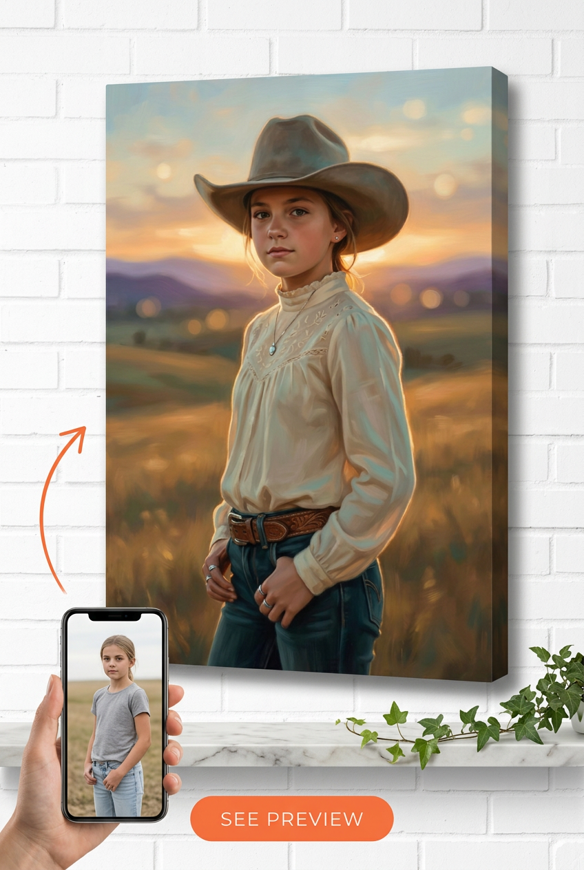 Custom Cowboy Girl Portrait — Serene Western Canvas from Photo