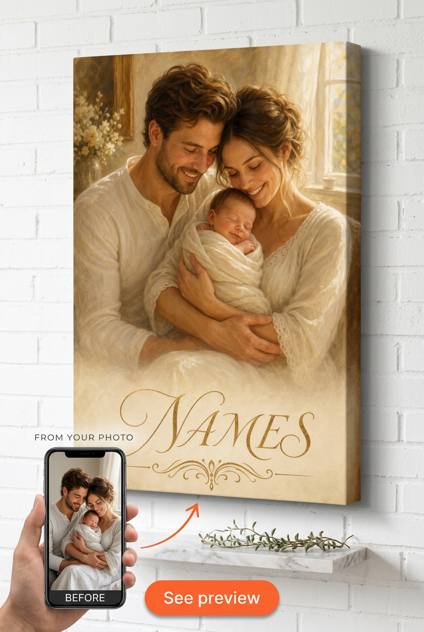 Gift for New Mom — Warm Family Portrait Canvas from Photo