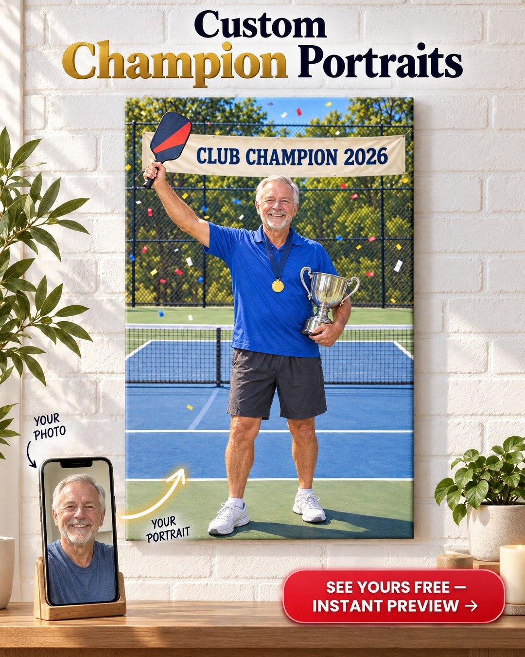 Pickleball Club Champion Custom Portrait for Him from Photo | Personalized Pickleball Gift